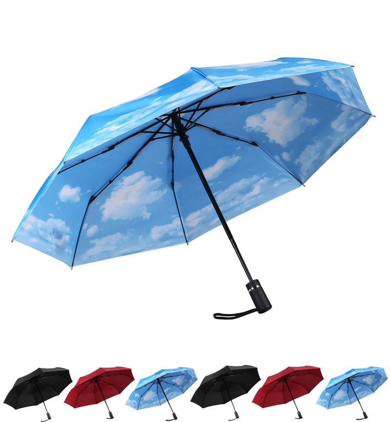 SY COMPACT Travel Umbrella Windproof Factory outlet Compact Automatic Umbrellas for Rain Compact Small UV Sun Protection Umbrella Durable Waterproof Lightweight Rust Resistant-Fits Backpack Car Purse (Blue Sky) - Image 2